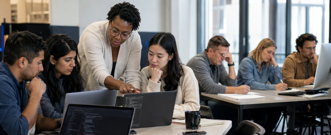 A woman leans over to point at code on a laptop screen while other people work at desks in an open-plan office
