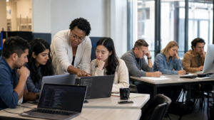 A woman leans over to point at code on a laptop screen while other people work at desks in an open-plan office