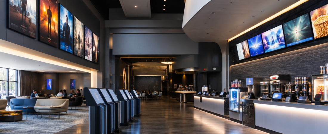 The lobby of a modern cinema with illuminated film posters, a row of self-service ticket kiosks and a lit concession counter
