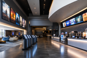 The lobby of a modern cinema with illuminated film posters, a row of self-service ticket kiosks and a lit concession counter